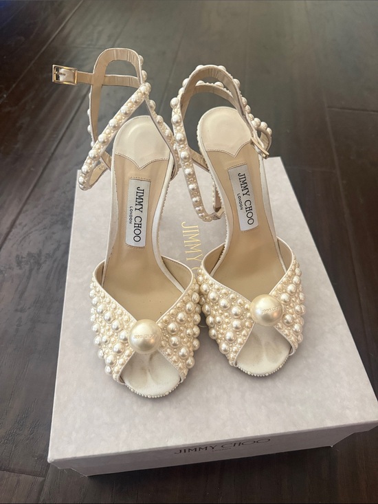 Jimmy Choo Shoes - Jimmy Choo Pearl-Embellished Cream Open-Toe Ankle Strap Heels